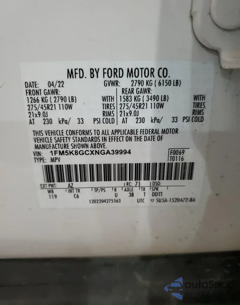 2022 Ford Explorer St из США, поврежденный, VIN 1FM5K8GCXNGA39994